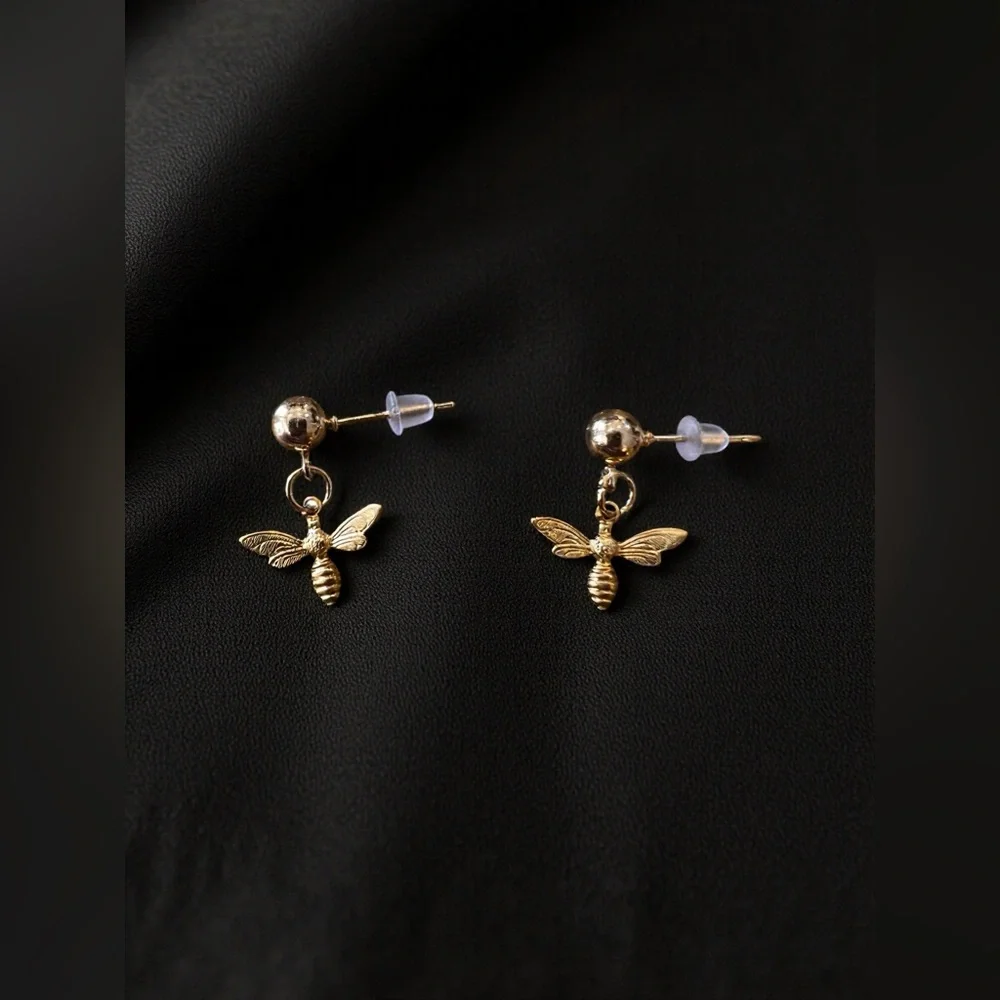 Tiny Gold Toned Bee Drop Earrings - Dainty Honeybee Charms Teeny Tiny